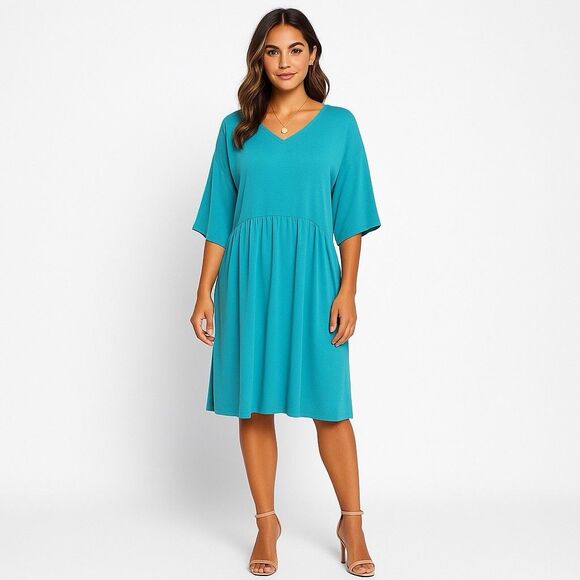 Eileen Fisher Turquoise V-Neck Dress Sz Large Coastal Chic Lightweight Flowy - Picture 1 of 16